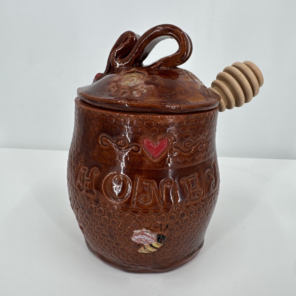 Honey Pot Jar Vintage‎ Signed Handmade Large Complete Heart & Bee Unique